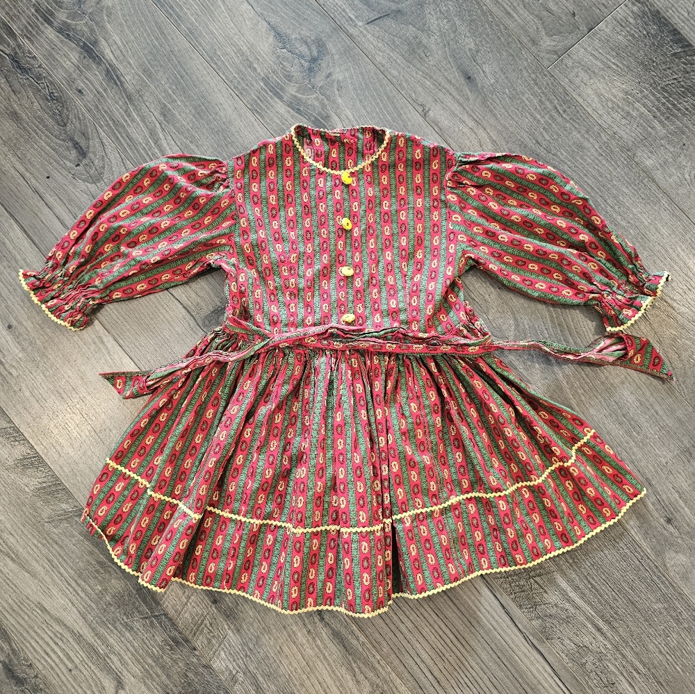 18in Doll's Dress Red Green Yellow Paisley Patterned Dress Puff Sleeves Vintage